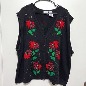 Vtg Bobbie Brooks Ugly Christmas Sweater Sz 24/26 Holiday Poinsettia Beaded Vest